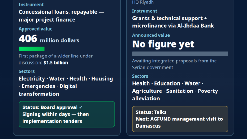 CIP infographic: Saudi Fund for Development vs AGFUND — instrument, value, sectors and delivery status