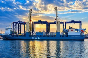 A ship carrying six blue gantry cranes arrives at Latakia Port