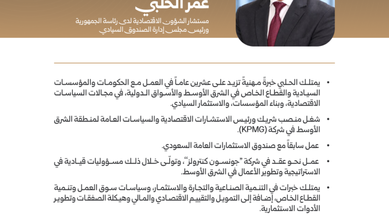 الصورة الرسمية للمهندس عمر سامر الحلبي مع ملخص سيرته الذاتية بعد تعيينه مستشاراً اقتصادياً لرئاسة الجمهورية ورئيساً للصندوق السيادي